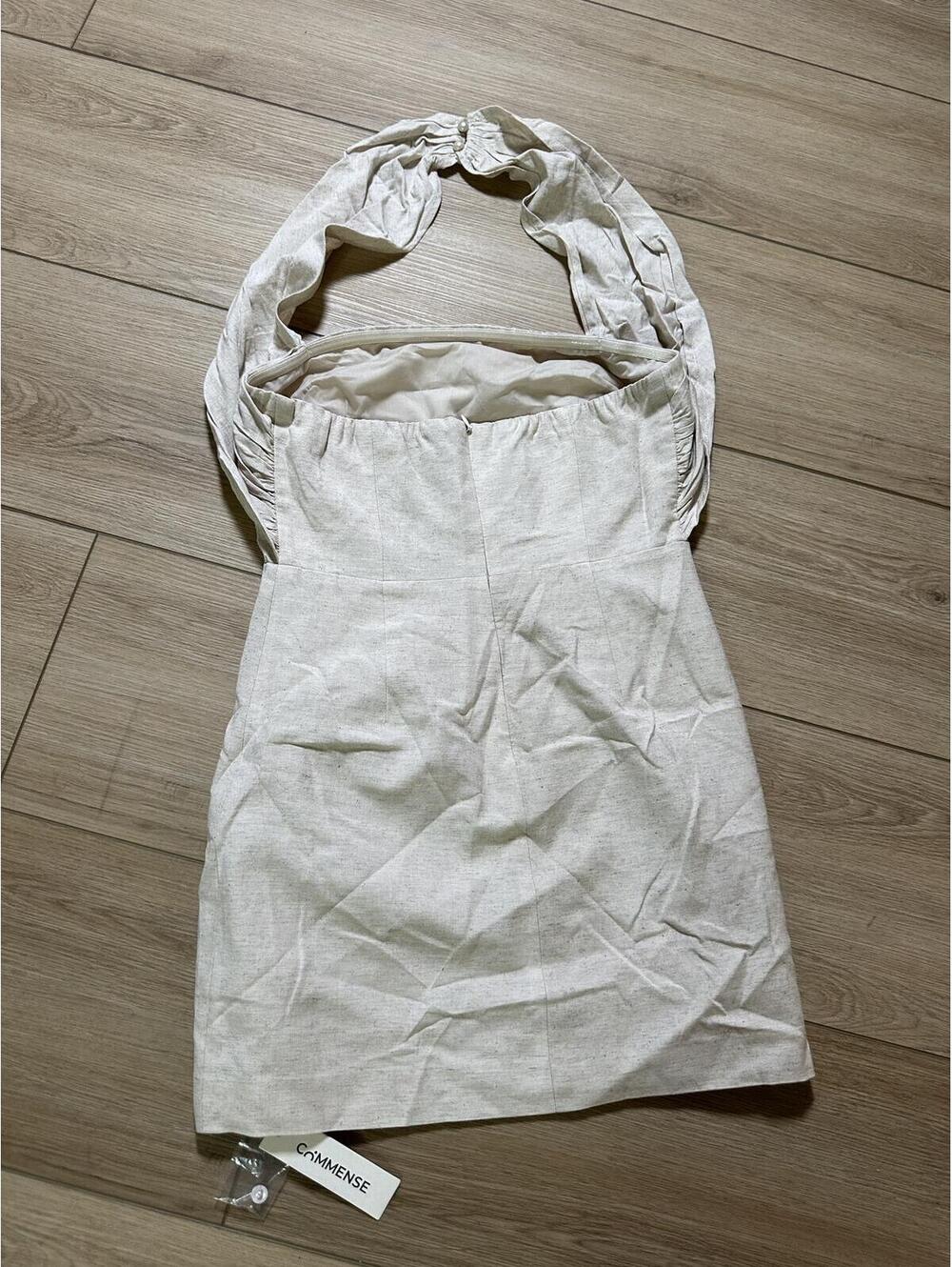 Commense Cream Linen Blend Ruched Halter Mini Dress Size M